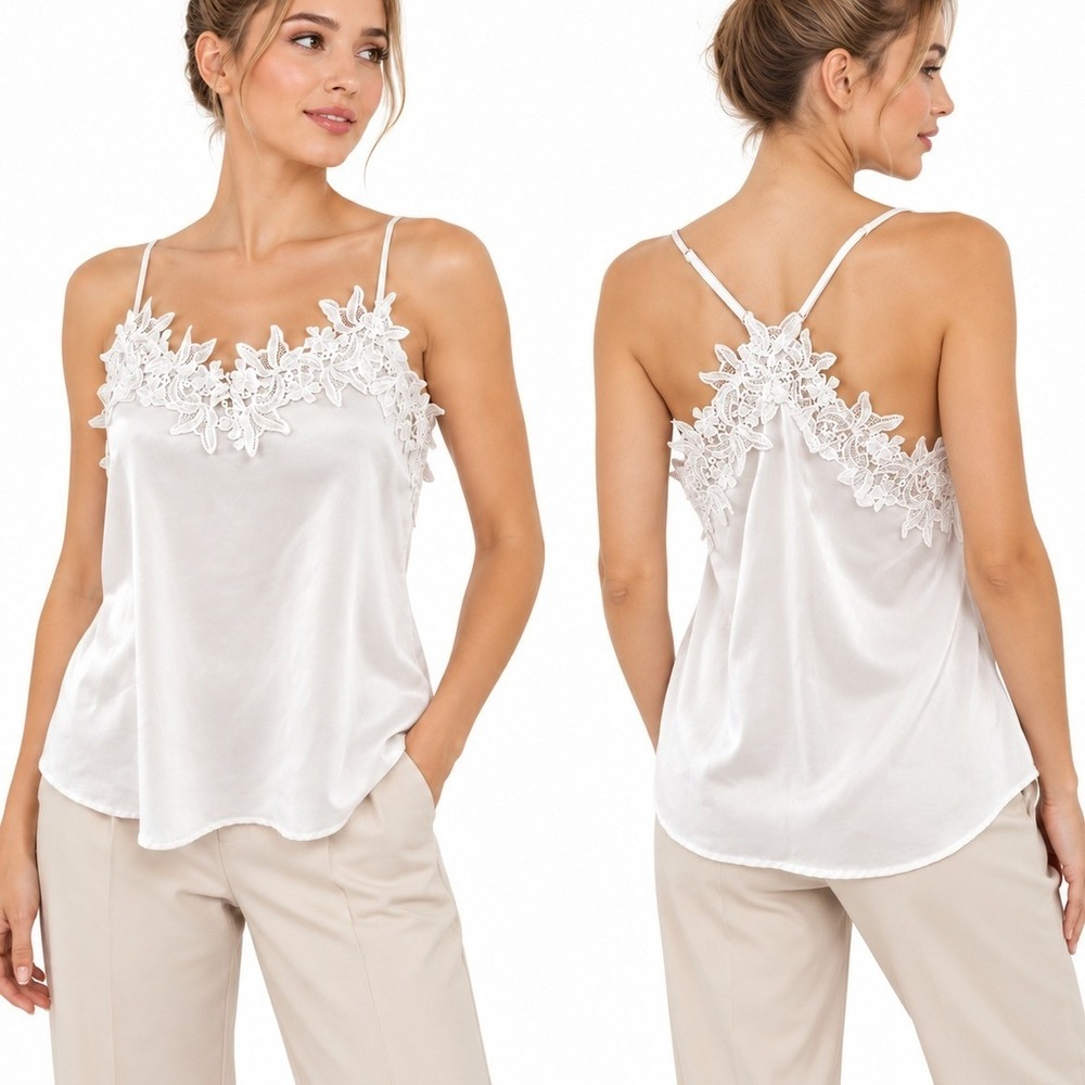 BIBI Cami Women Small White Floral Lace Applique Adjustable Strap Tank Top